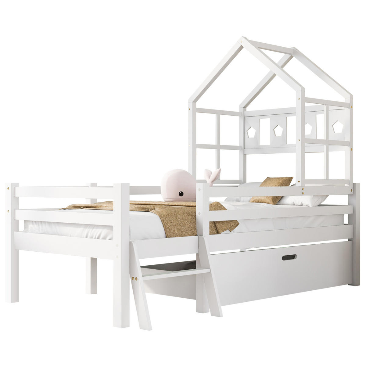 HOCHBETT 90/200 cm mit Leiter, Schublade, Lattenrost und Rausfallschutz aus massivem Kiefernholz, Weiß - Weiß, Holz - Redom
