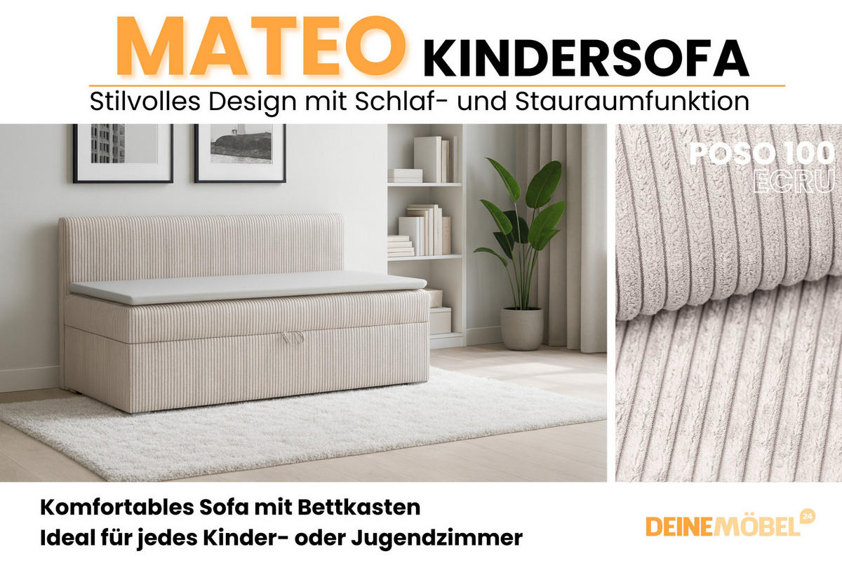 BOXBETT MATEO 100/200 Ecru mit Taschen-Federkernmatratze H4 - Ecru, Holz/Holzwerkstoff (100/200cm) - Deine Möbel 24