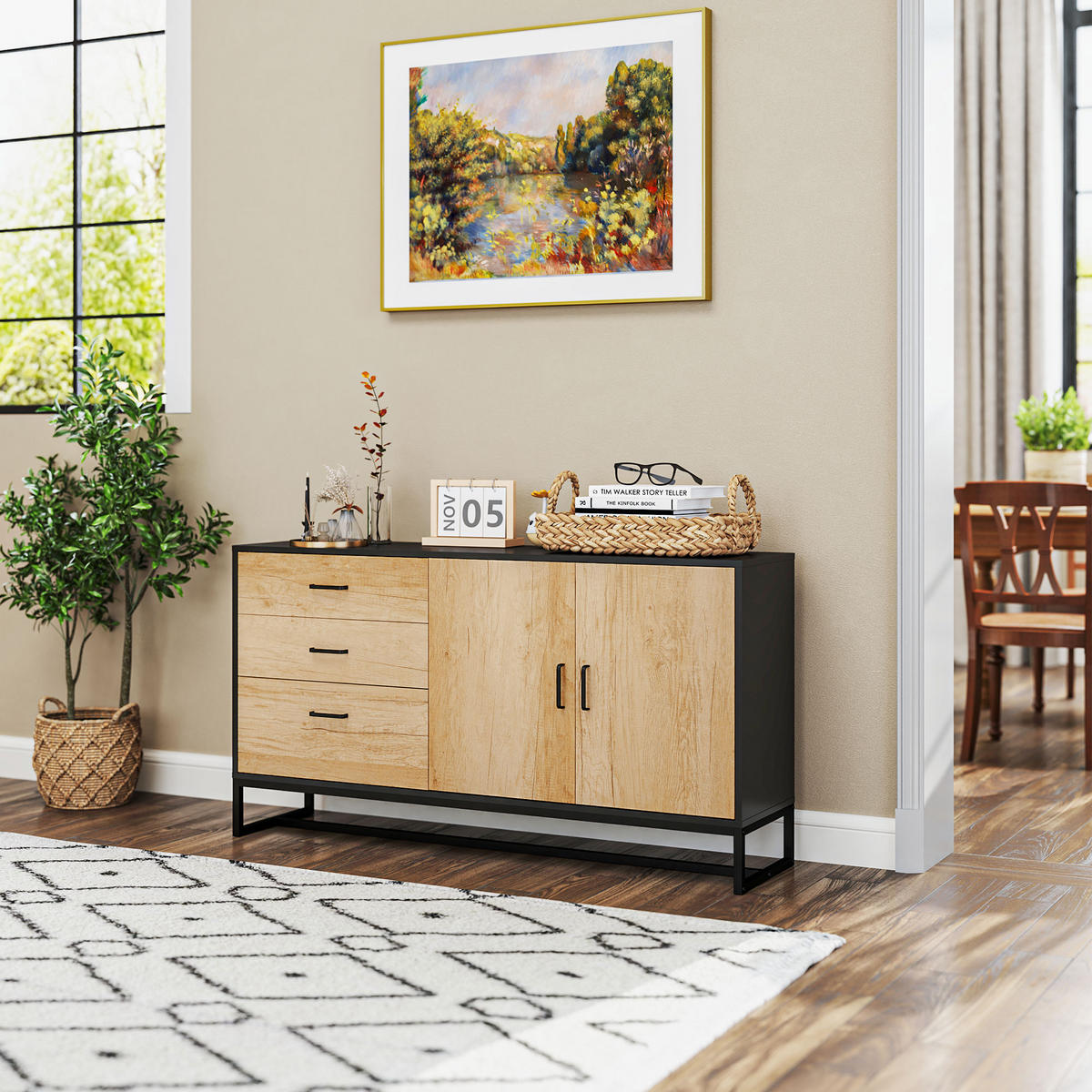 SIDEBOARD DE-11119 3 Schubladen & verstellbarer Boden Weiß - Naturfarben, Holzwerkstoff (140/75/35cm) - ComfortXL