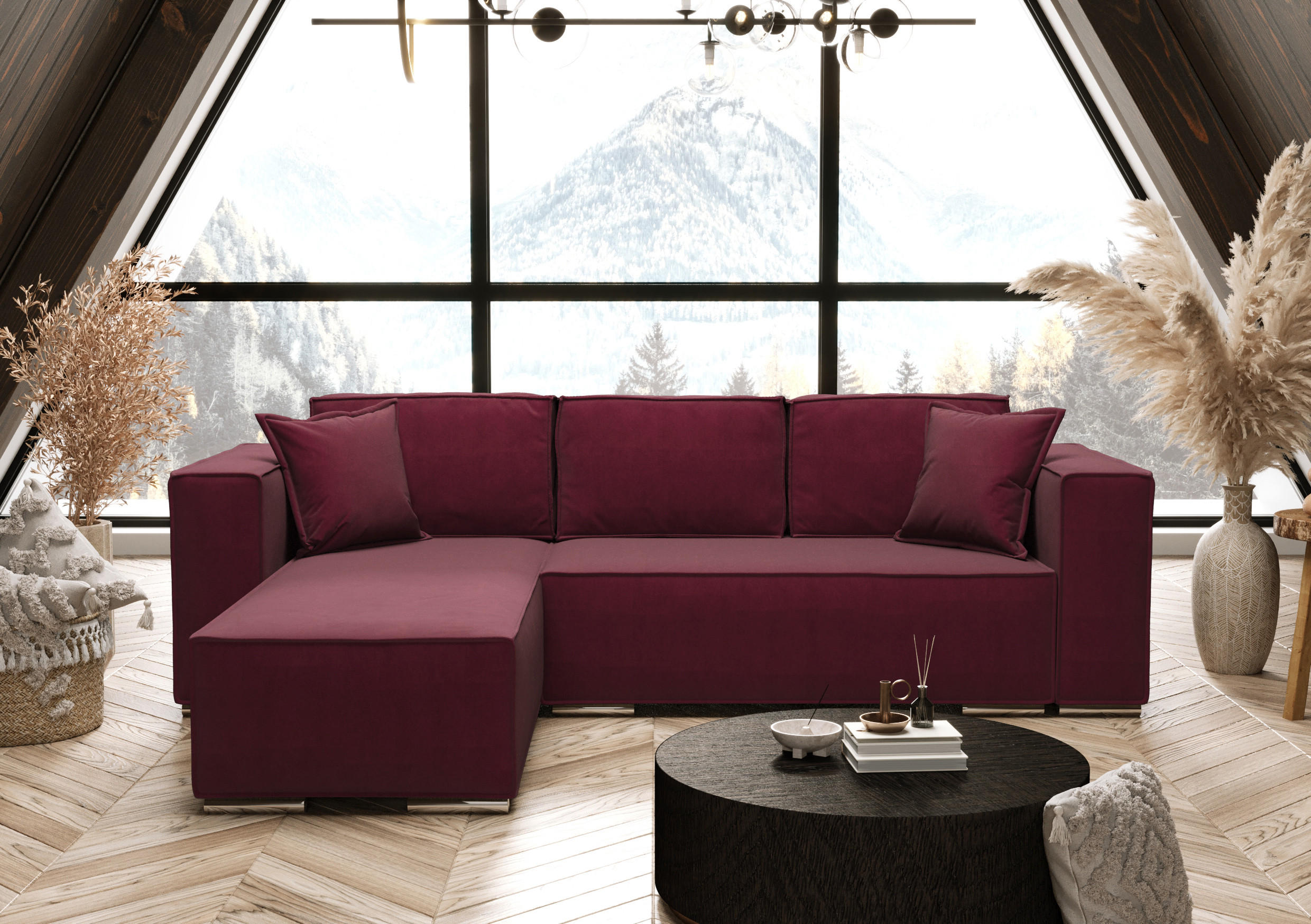 ECKSOFA L Form Vinoria Bordeaux 255/180/82 cm Links mit Schlaffunktion - Chromfarben/Bordeaux, Textil/Metall (180/255cm) - AX Living