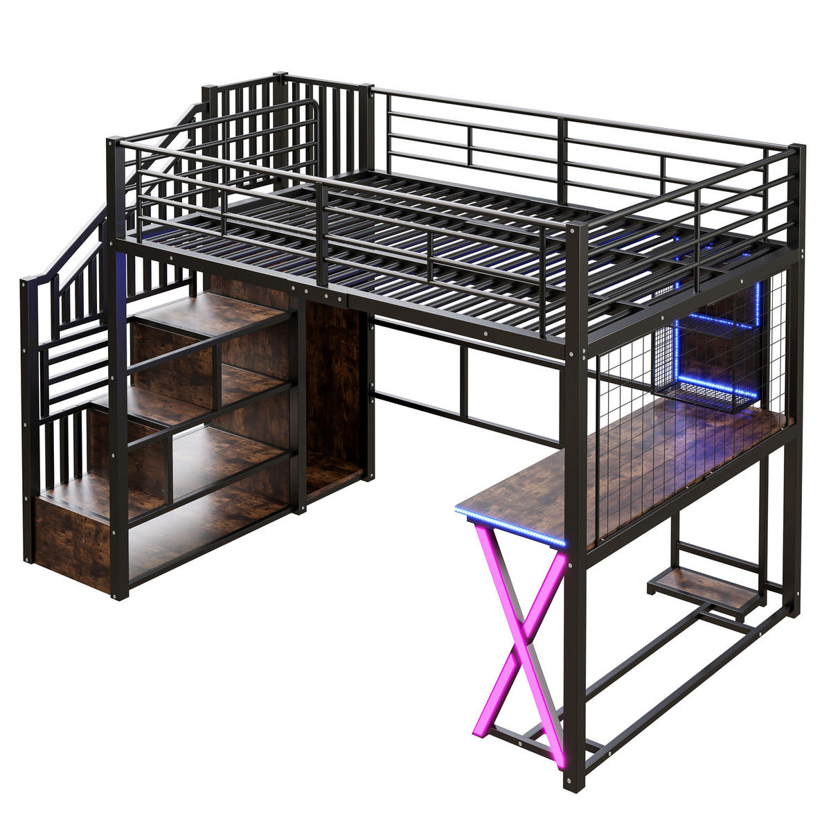 HOCHBETT 140/200 cm Schwarz mit Schreibtisch, LED und Kleiderschrank ohne Matratze - Schwarz, Metall (140/200cm) - MIVRAY