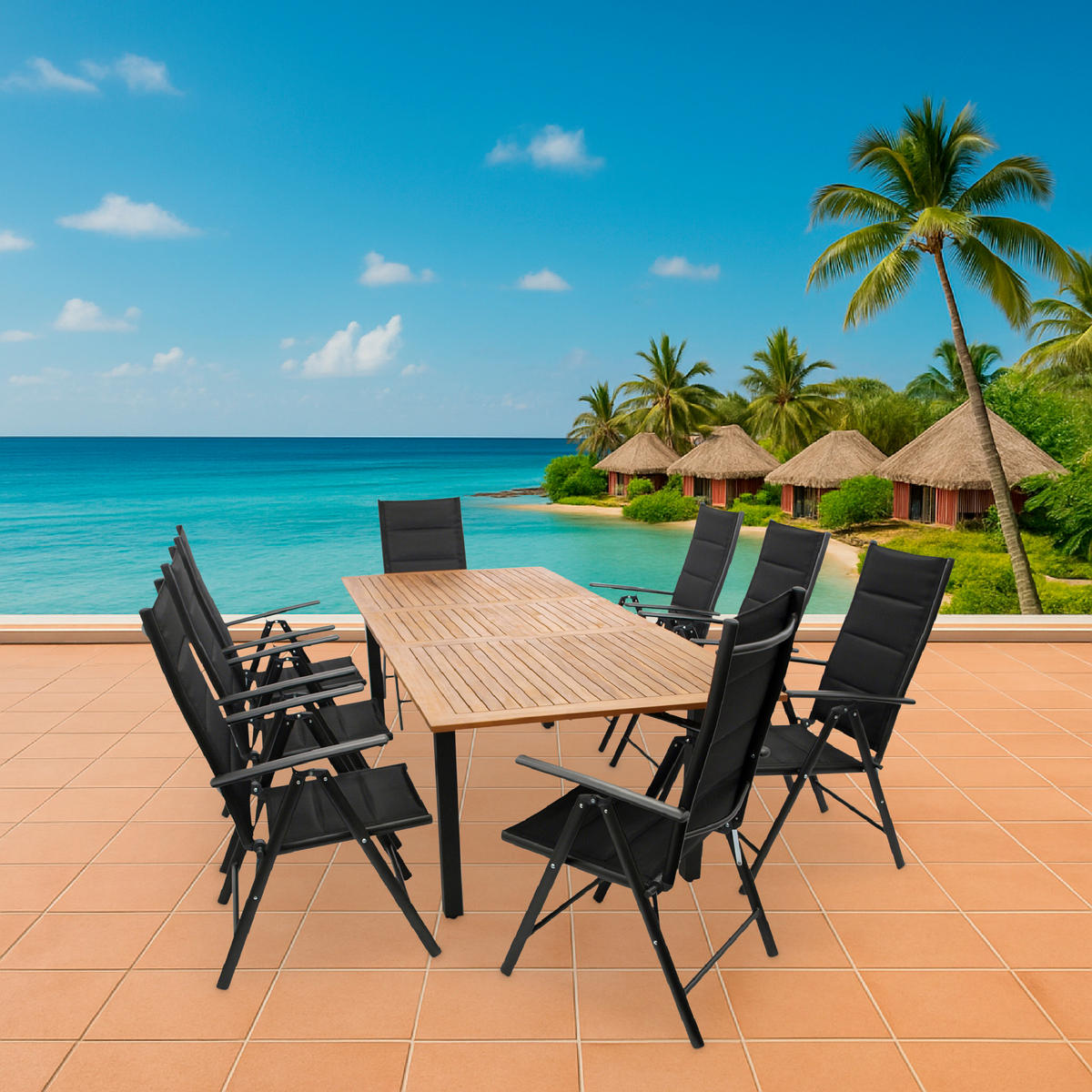 GARTENESSGRUPPE Canterbury - GARTEN-GARNITUR mit Ausziehtisch 180 bis 240 cm - 9-teilig - Aluminium - Akazie - Kunstgewebe schwarz - Schwarz, Metall - TPFGarden