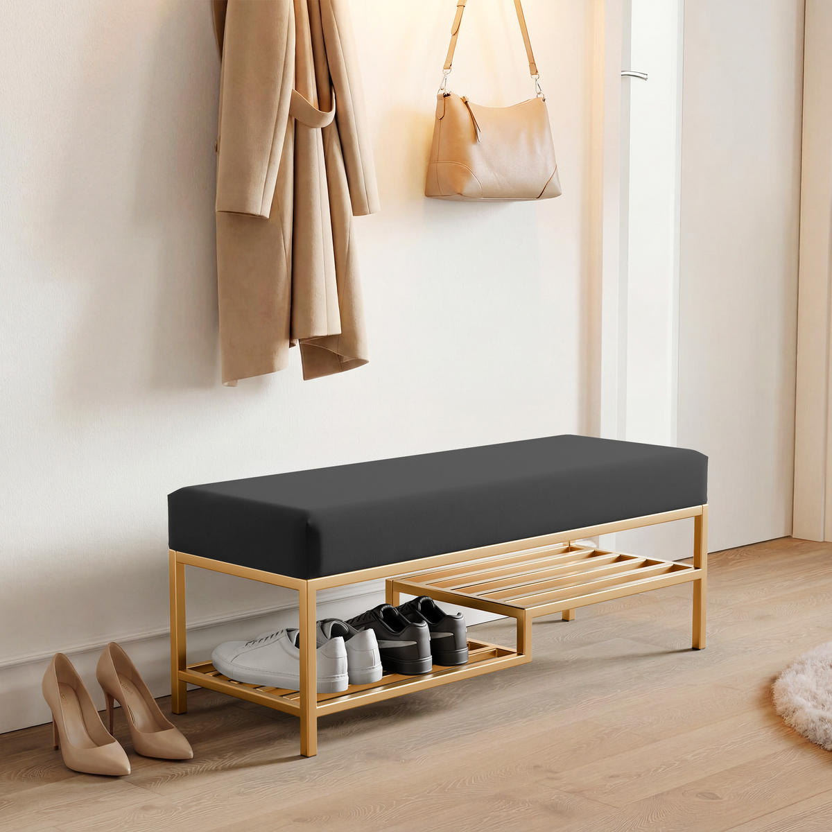 POLSTERBANK STEP 80 cm Gold / Schwarz ,Metallgestell - Schwarz, Metall (80/45/35cm) - Idohome