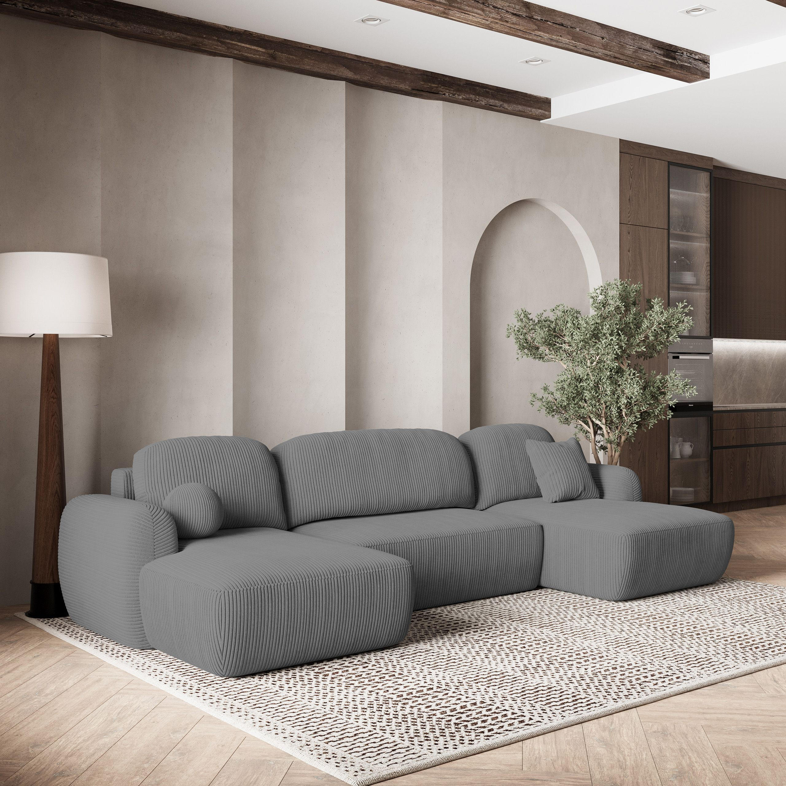 WOHNLANDSCHAFT SAVONA P Grau Kordstoff mit Schlaffunktion - Grau, Holz (350/90/148cm) - MASSENO
