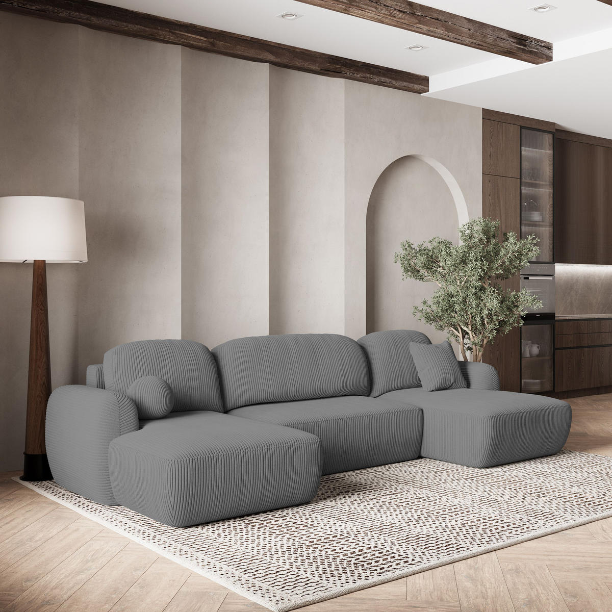 WOHNLANDSCHAFT SAVONA P Grau Kordstoff mit Schlaffunktion - Grau, Holz (350/90/148cm) - MASSENO