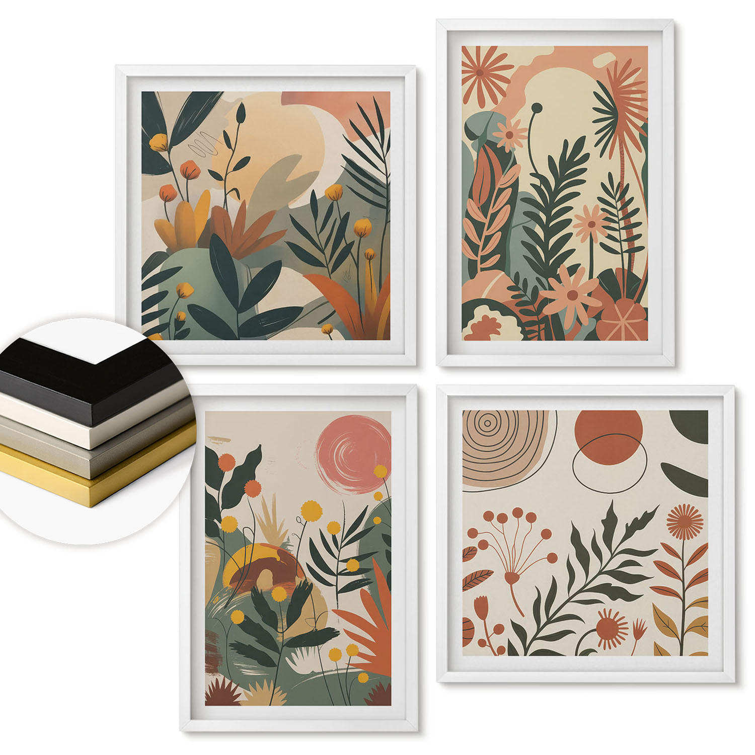 WANDBILDER 4er-Set - 50x50 cm & 40x60 cm Weißer Rahmen - Pastellfarbene Pflanzenmuster - Weiß, Kunststoff (50/50cm) - ArtPrintCave