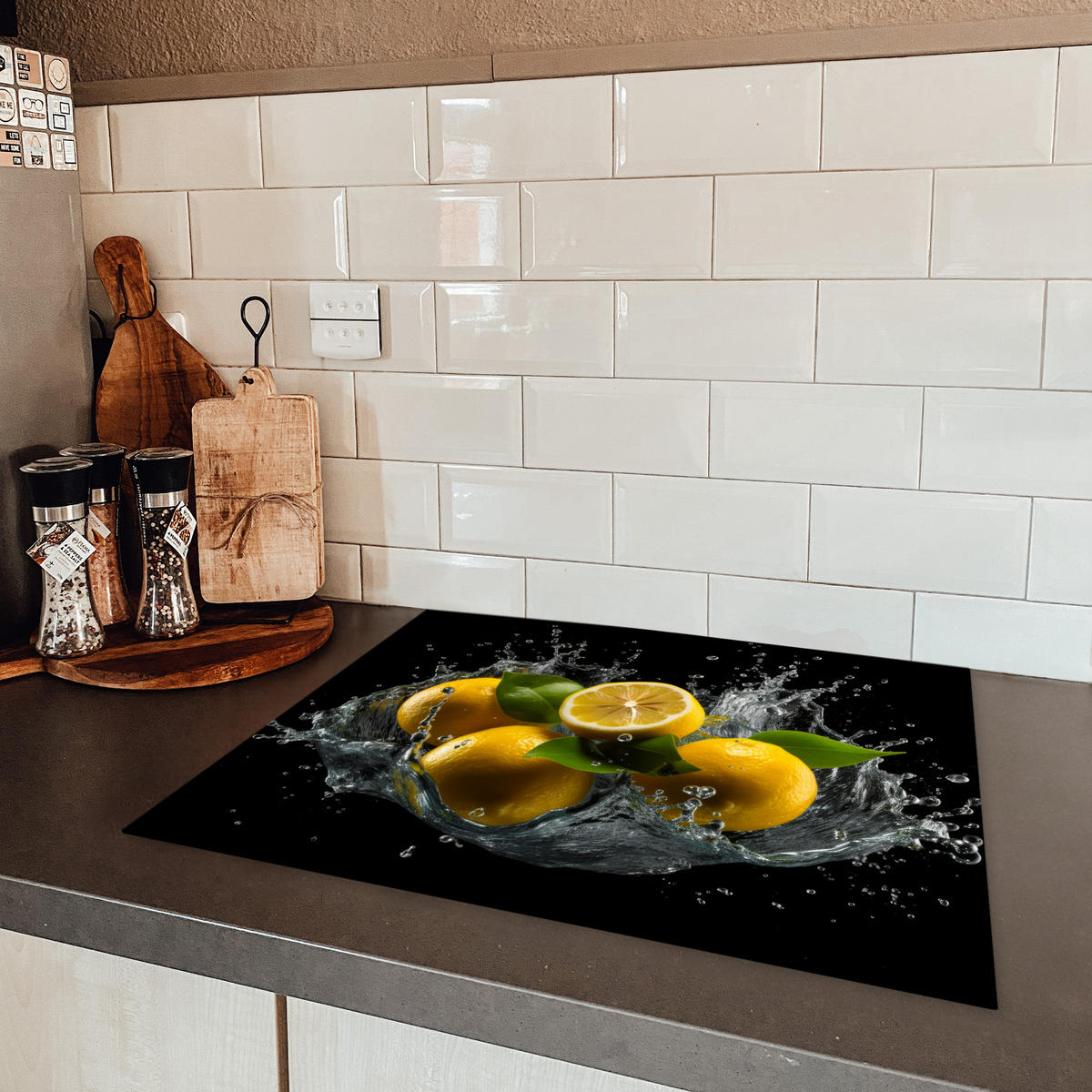 HERDABDECKPLATTE Zitrone - Obst - Gelb - Schwarz 65x52 cm - Gelb, Kunststoff (65/0.2/52cm) - MuchoWow