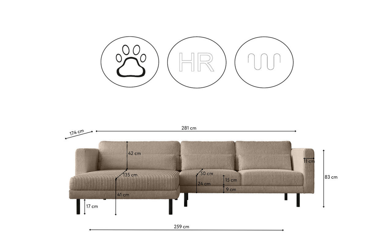 ECKSOFA L-form Dani Stoff Poso Dunkelbeige Links - Cappuccino, Holz (281/174cm) - Kaiser Möbel