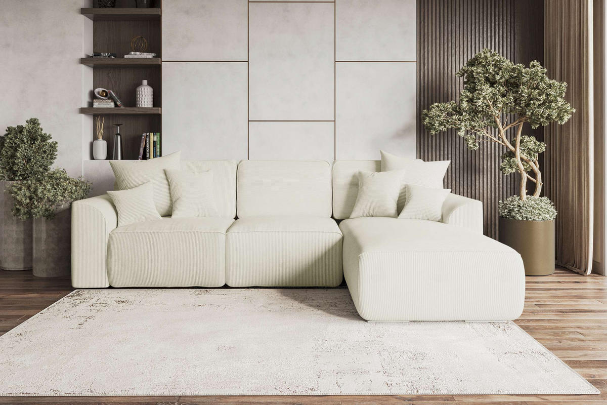 ECKSOFA GUSTO Cordstoff Creme Rechts inkl. Schlaffunktion - Chromfarben/Creme, Kunststoff/Textil (295/194cm) - 99rooms