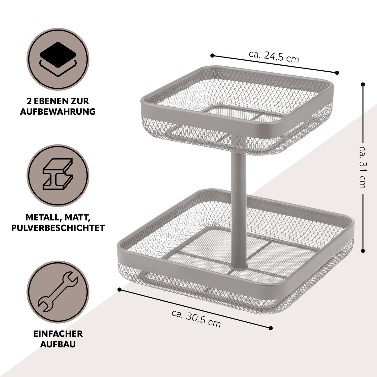 OBSTETAGERE 2-STÖCKIG eckig Metall taupe - Taupe, Metall (31cm) - eluno