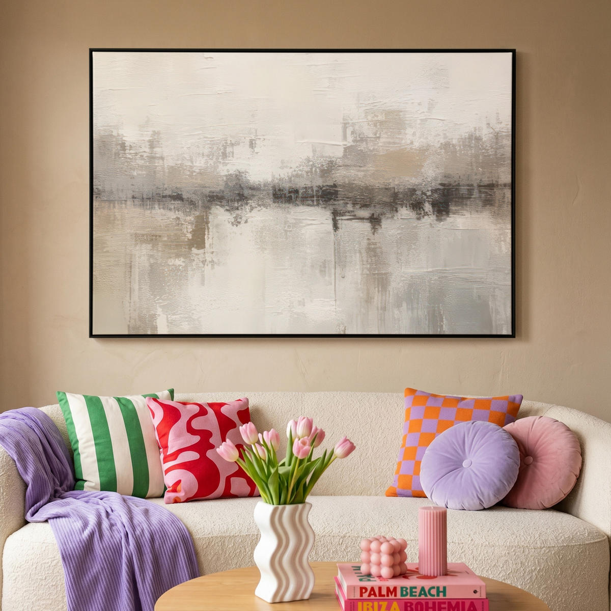 LEINWAND Bilder mit Rahmen - Moderne Kunst - Abstrakt - Beige - 120x80 - Beige, Textil (120/80cm) - MuchoWow
