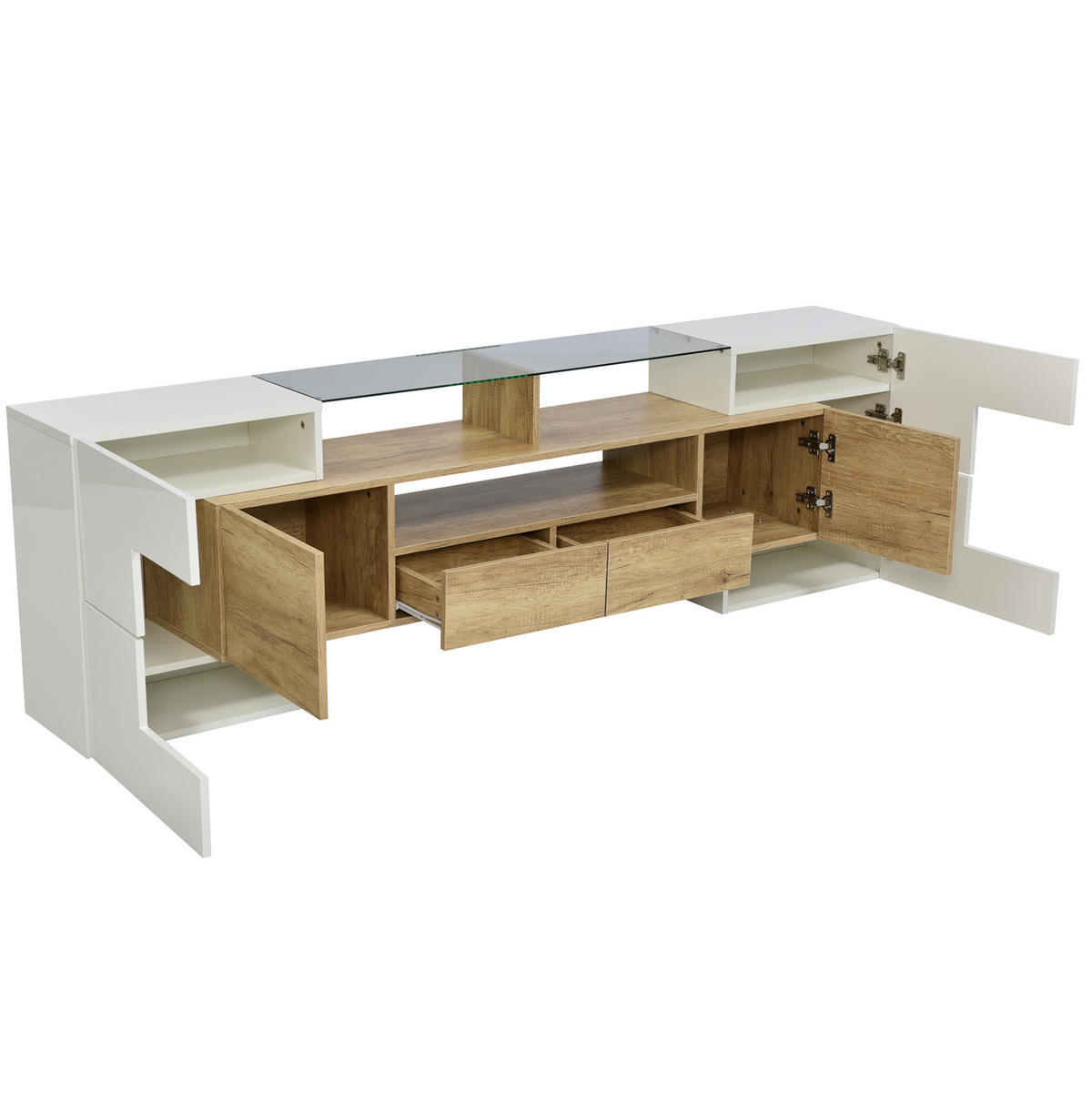 LOWBOARD 200/35/60 cm in Natur und Hochglanzweiß aus MDF mit LED-Beleuchtung - Weiß, Holzwerkstoff (30/60/200cm) - OKMYHOME