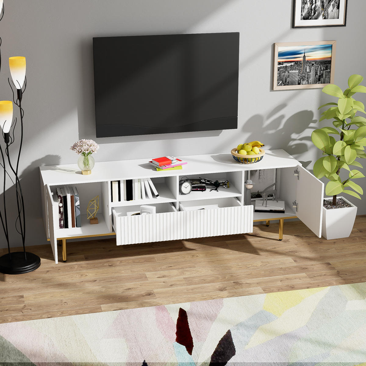 TV-ELEMENTMODERNER 165x36x55cm Schwarz-Gold mit Schubladen und Goldenen Füßen - Weiß, Holz (43/19.5/97cm) - Raelunyi
