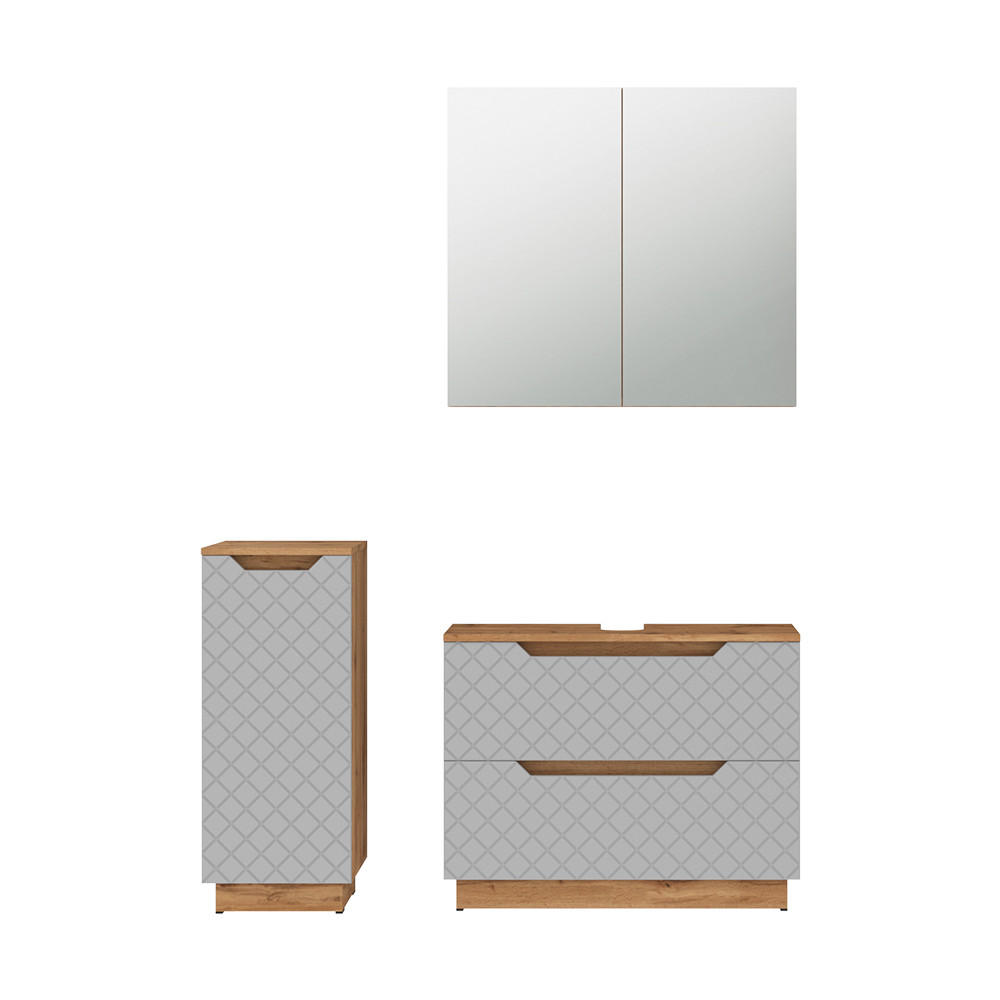 BADMÖBEL-SET Lotta Eiche/Grau mit Kachelstruktur 3 Teile - Grau, Holzwerkstoff (79.6/62.5/32cm) - Vicco