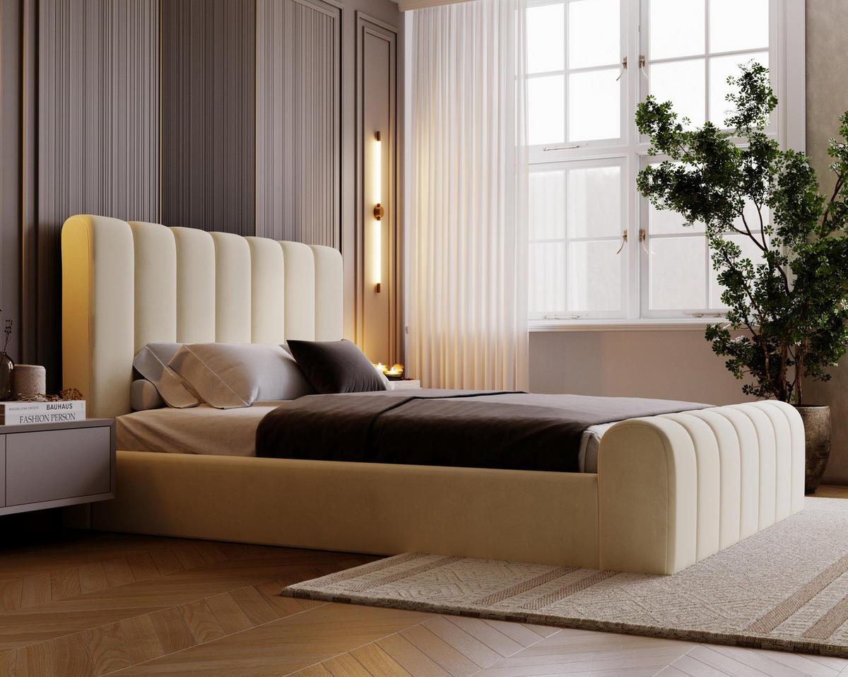 DOPPELBETT 160x200 Valetta mit Bettkasten, Velvet Vanille - Beige, Holz/Textil (160/200cm) - Emporius