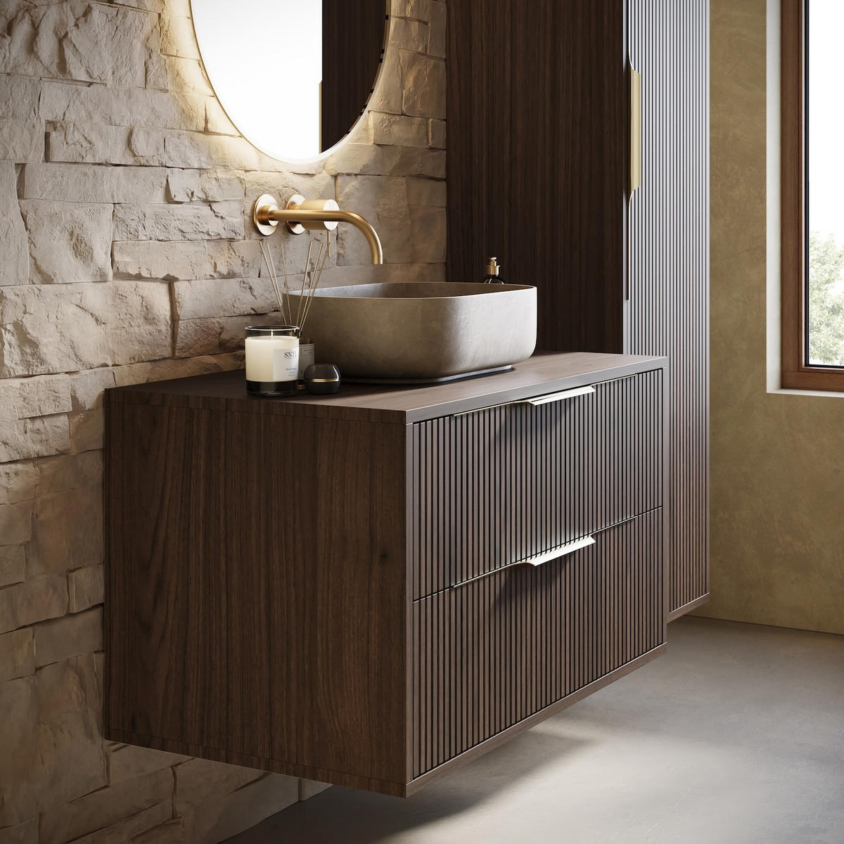 BADMÖBEL-SET Rimini 2 Teile Walnuss Braun - 80 x 46 x 46 cm - Walnussfarben/Braun, Holz (80/46/46cm) - Badplaats