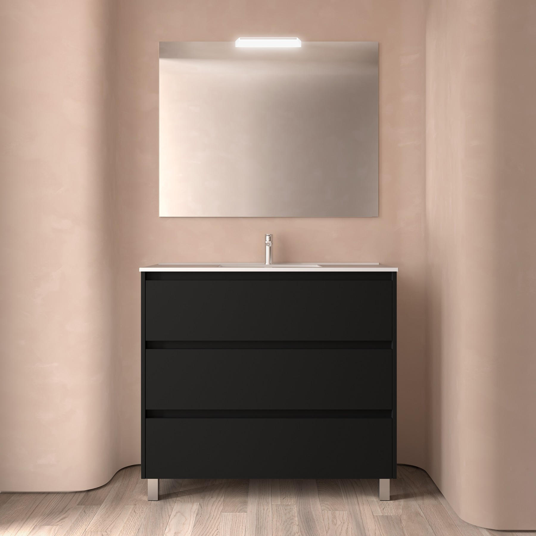BADEZIMMERMÖBEL NOJA 1000 3 Schubladen BLACK SATIN + Waschtisch + Spiegel - Alufarben/Schwarz, Metall (45/81/100cm) - Salgar
