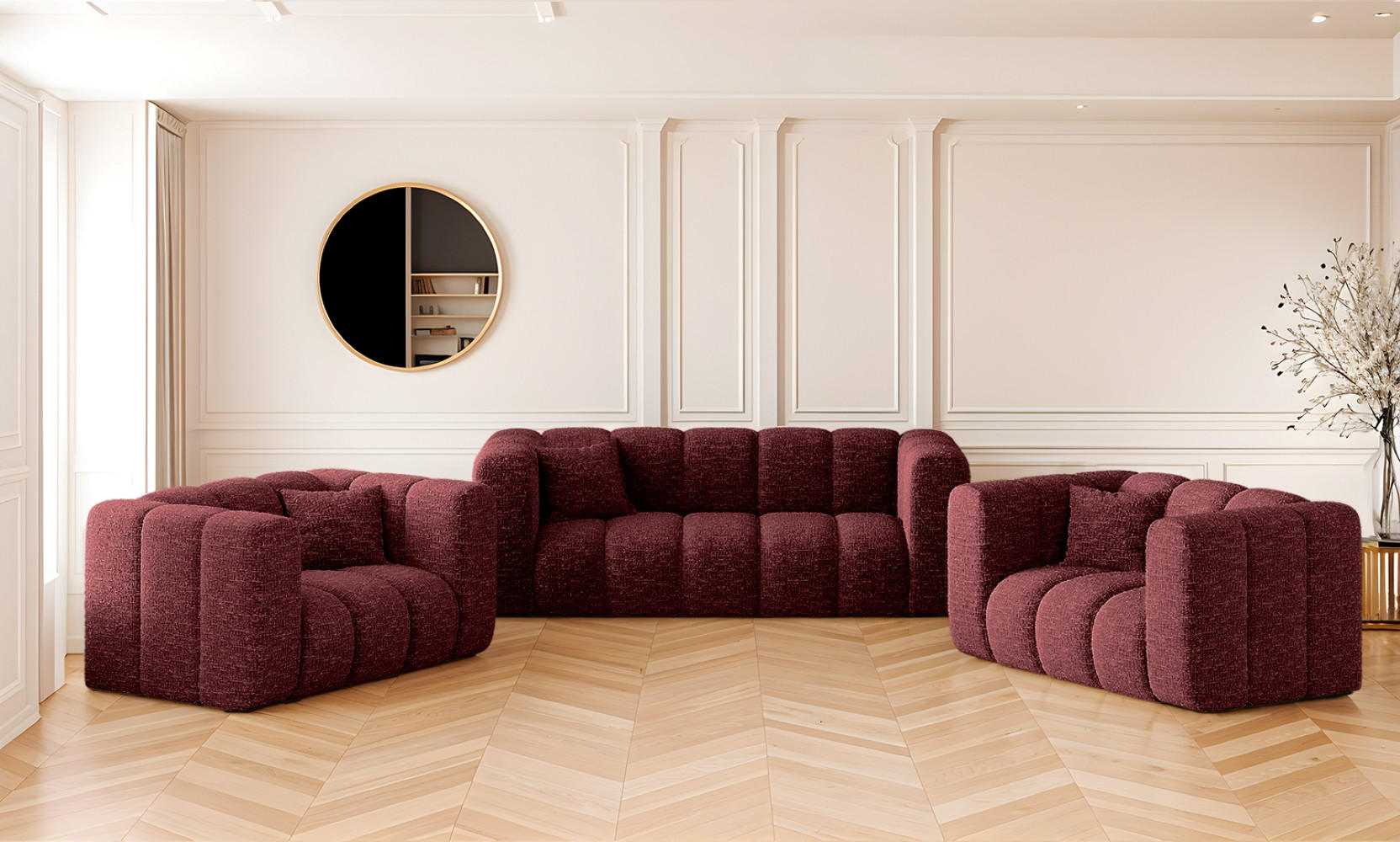 COUCHGARNITUR 2+1+1 Serie Grand Stilvol Stoff Haga Rotwein - Rot, Holz (197/70/91cm) - Kaiser Möbel