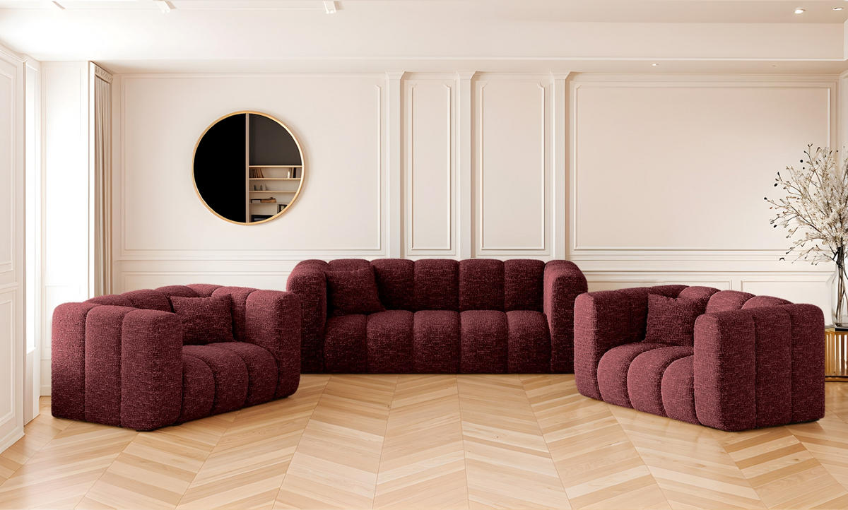 COUCHGARNITUR 2+1+1 Serie Grand Stilvol Stoff Haga Rotwein - Rot, Holz (197/70/91cm) - Kaiser Möbel