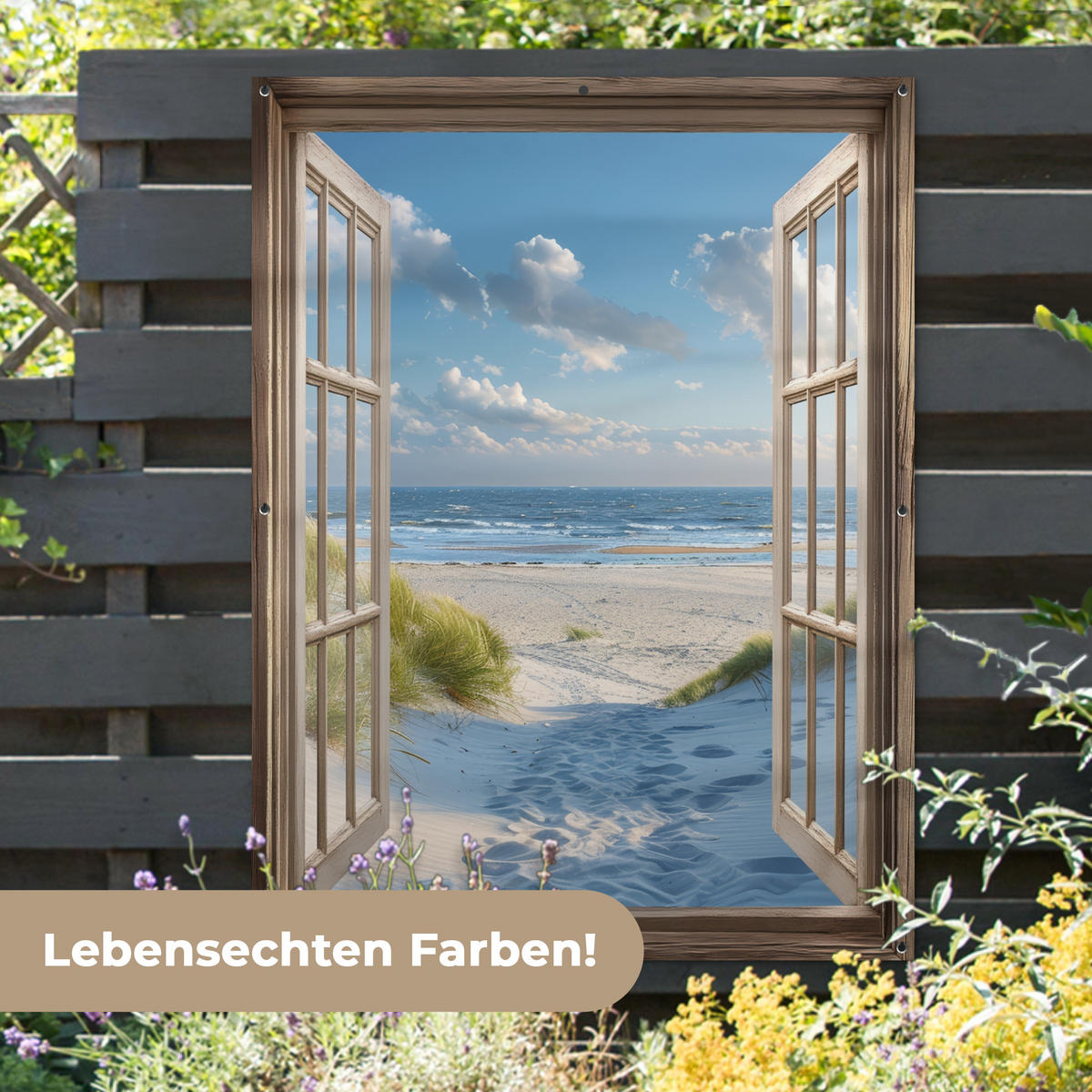 ZAHRADNÍ PLAKÁT Pohled - Pláž - Okno - Duny - Moře 120x160 cm - světle modrá, plast (120/160/0.2cm) - OnlyWow