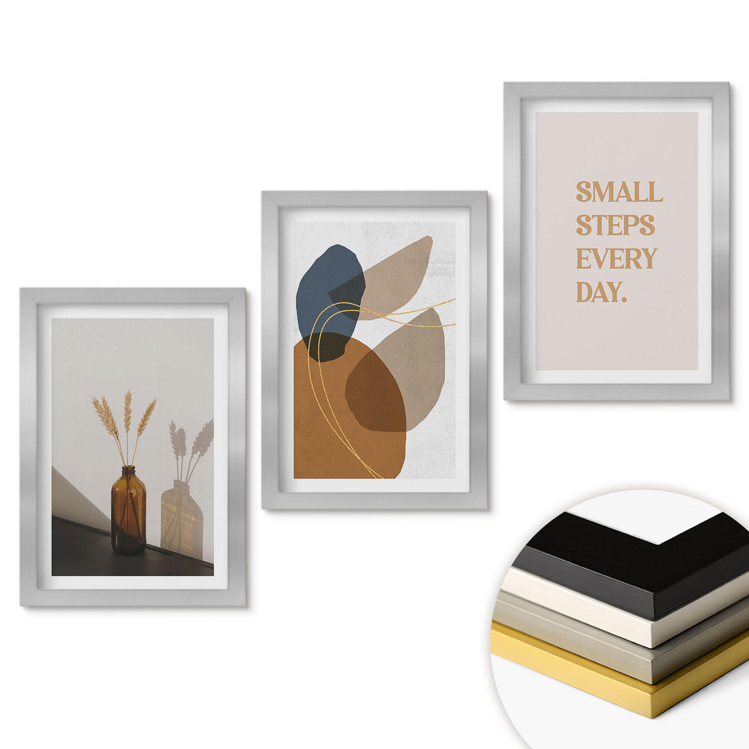 WANDBILDER 3er Set - 20x30 cm Silberner Rahmen - Set abstrakter Formen - Silberfarben, Kunststoff (20/30cm) - ArtPrintCave