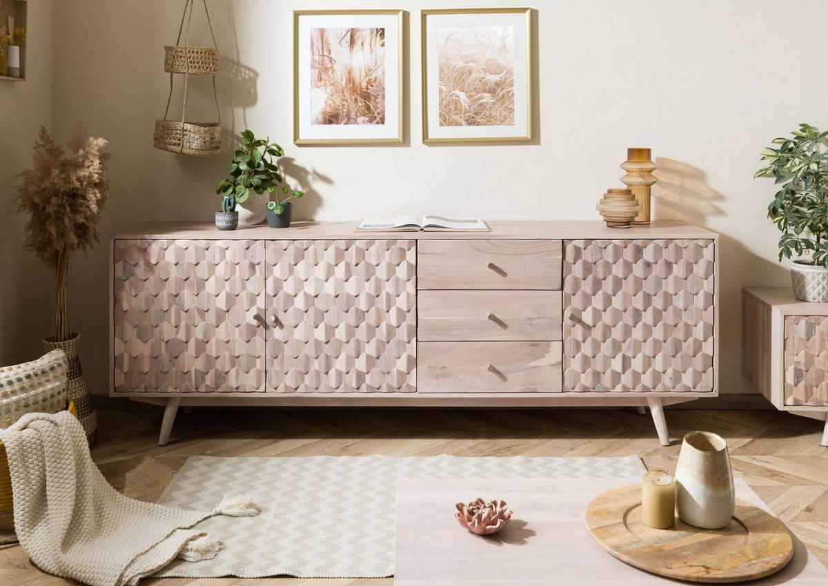 SIDEBOARD Akazie 210x42x75 weiß lackiert MOSAYK #209 - Weiß, Holz (210/75/42cm) - Massivmoebel24