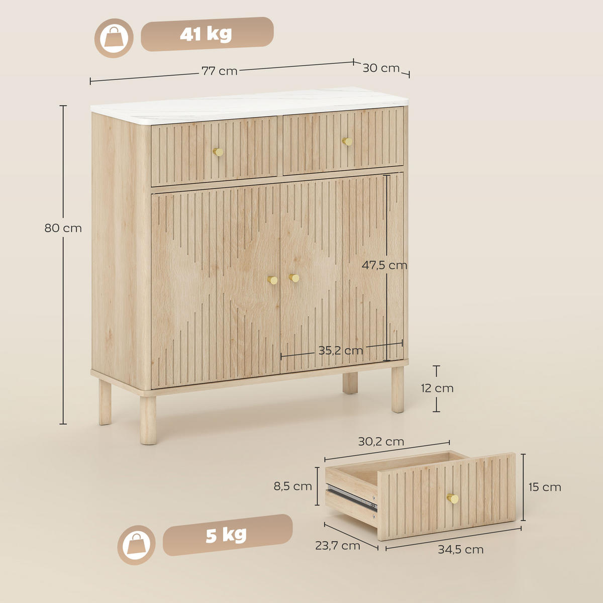 SIDEBOARD DE-11218 2 Schubladen Eiche - Eichefarben, Holzwerkstoff (77/80/30cm) - ComfortXL