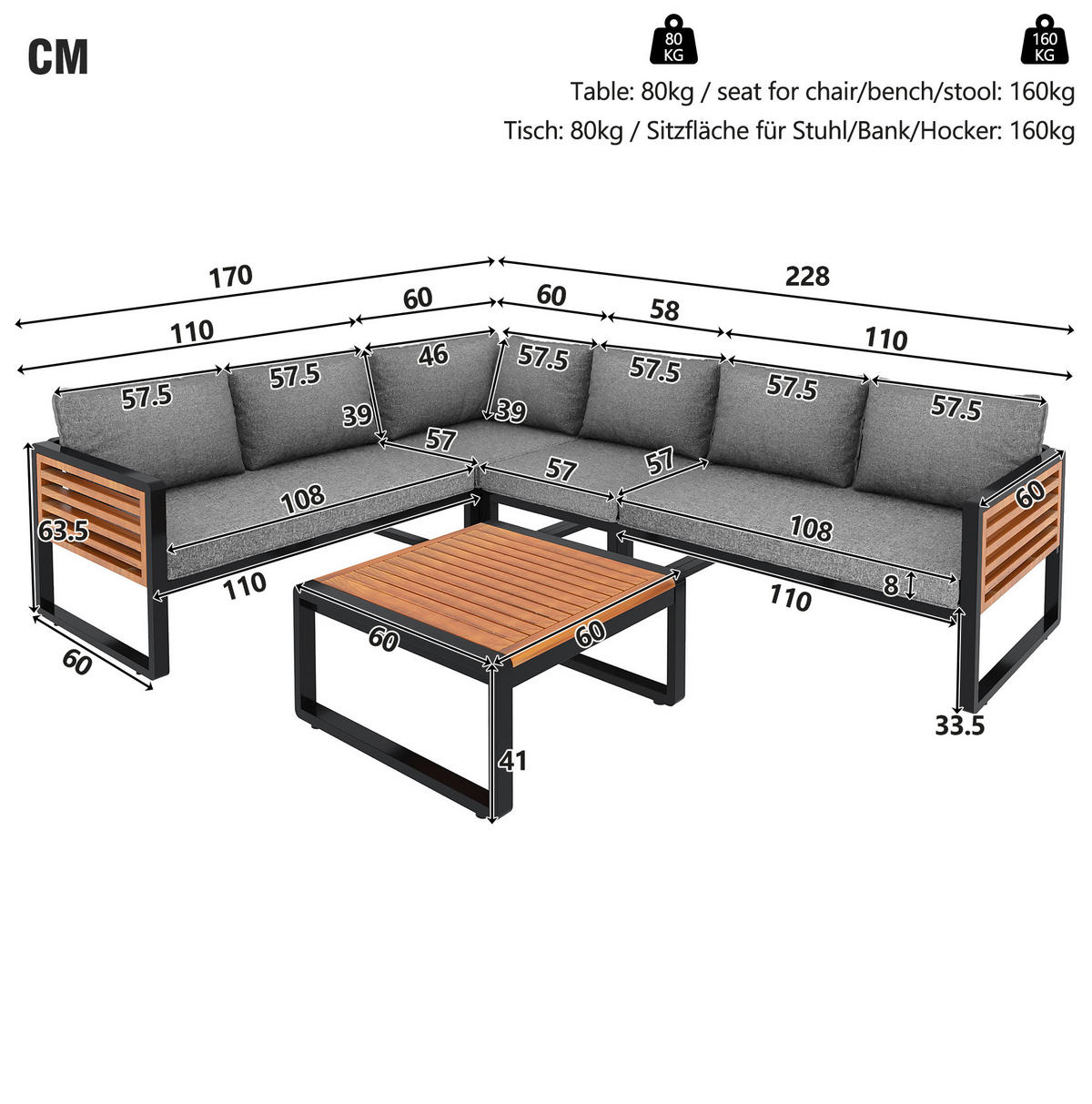 GARTENLOUNGE 110/60/63 cm grau aus Metall und Polyester 5-teilig flexibel kombinierbar - Grau, Metall - OKWISH