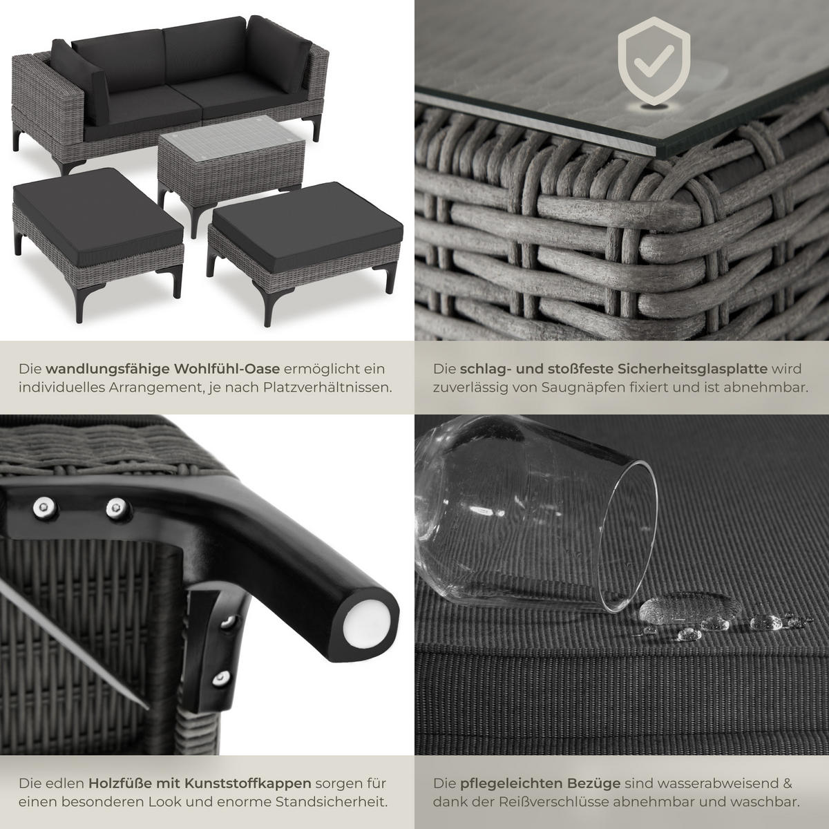 RATTANLOUNGE Bellaria,mit Sicherheitsglasplatte,grau - Grau, Kunststoff/Metall - tectake