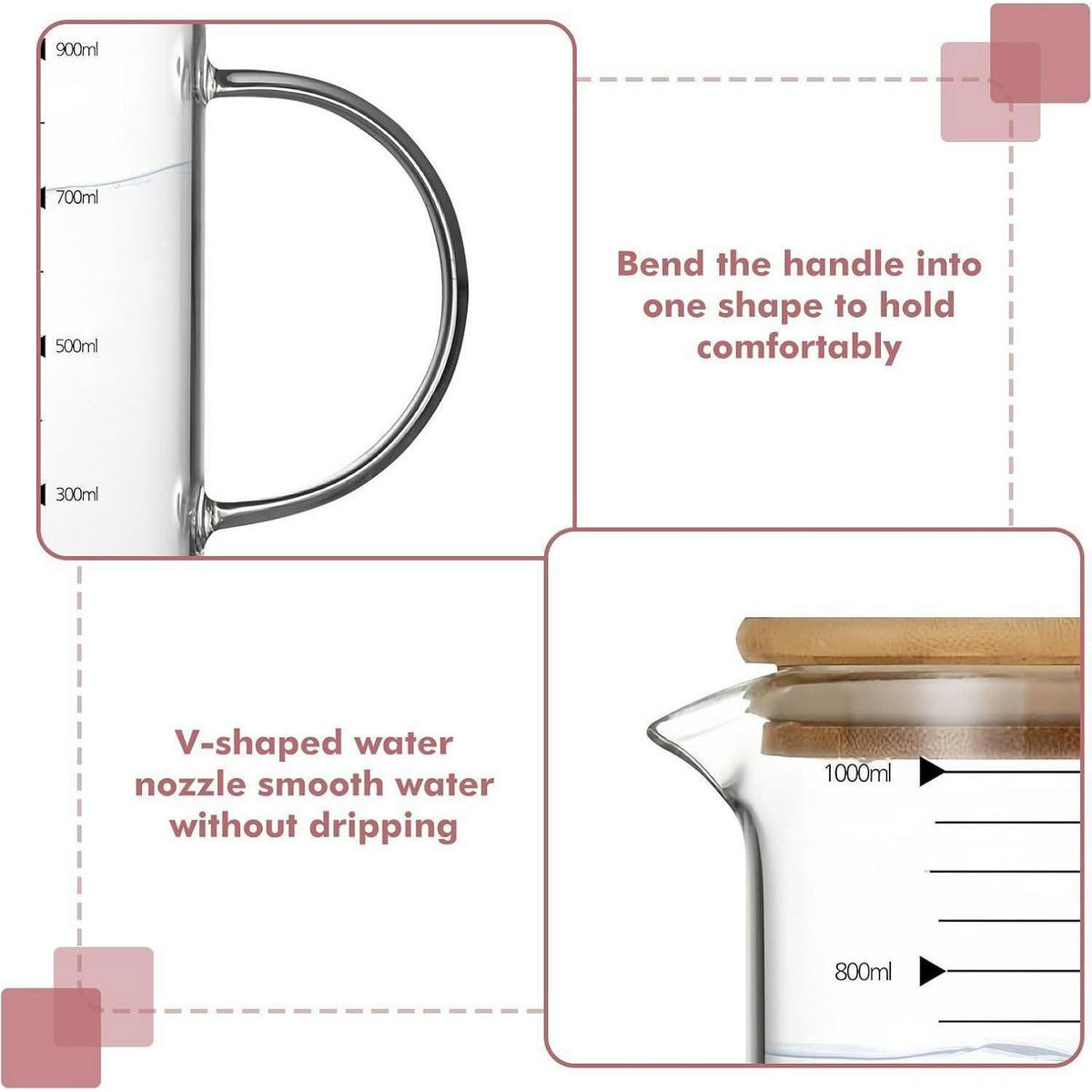 MESSBECHER Glas 1000ml mit Bambusdeckel - Transparent, Glas (1L)