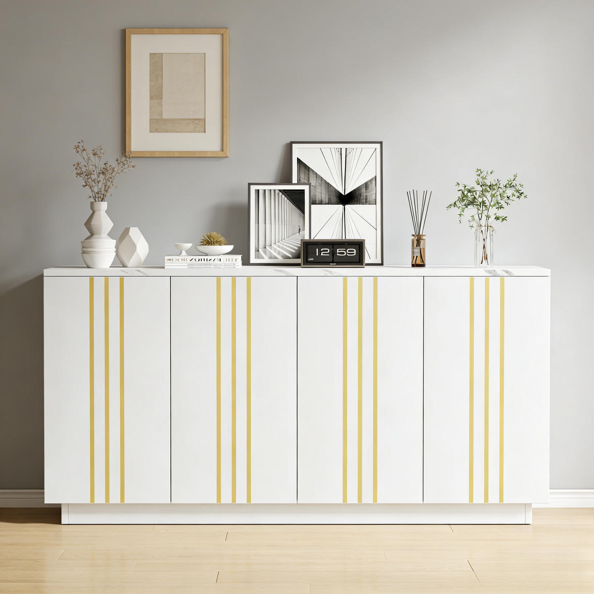 SIDEBOARD Weiß-gold mit vier Schranktüren und verstellbaren Einlegeböden 35 × 140 × 70 cm aus Spanplatte - Weiß, Holzwerkstoff (140/70/35cm) - Luhomfu