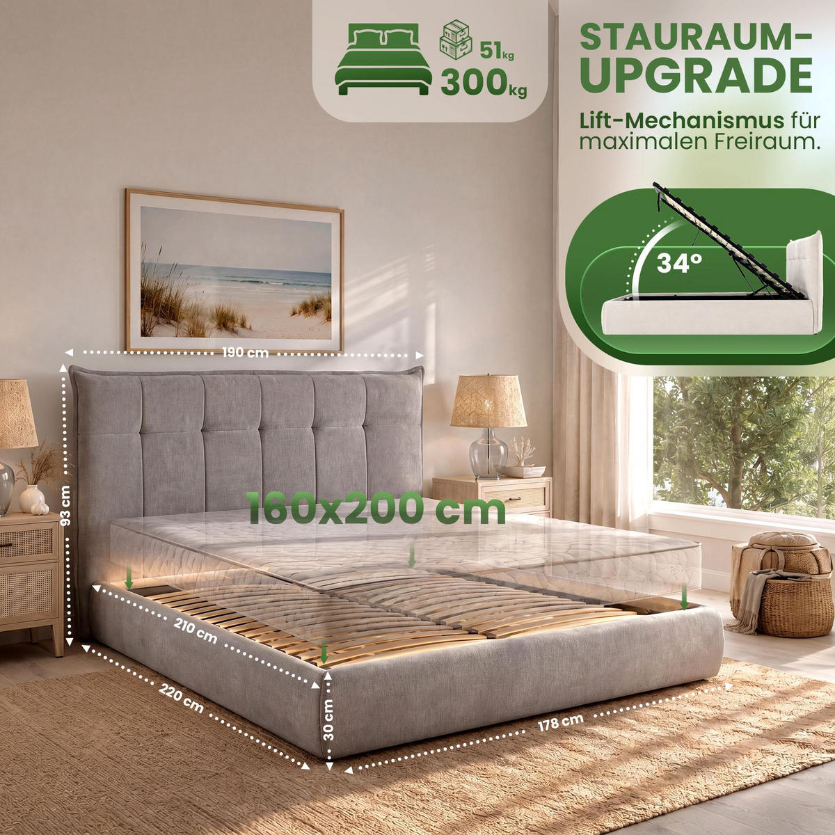 POLSTERBETT 160 cm/200 cm cm Stoff Grau - Grau, Textil (178/220cm) - CLP