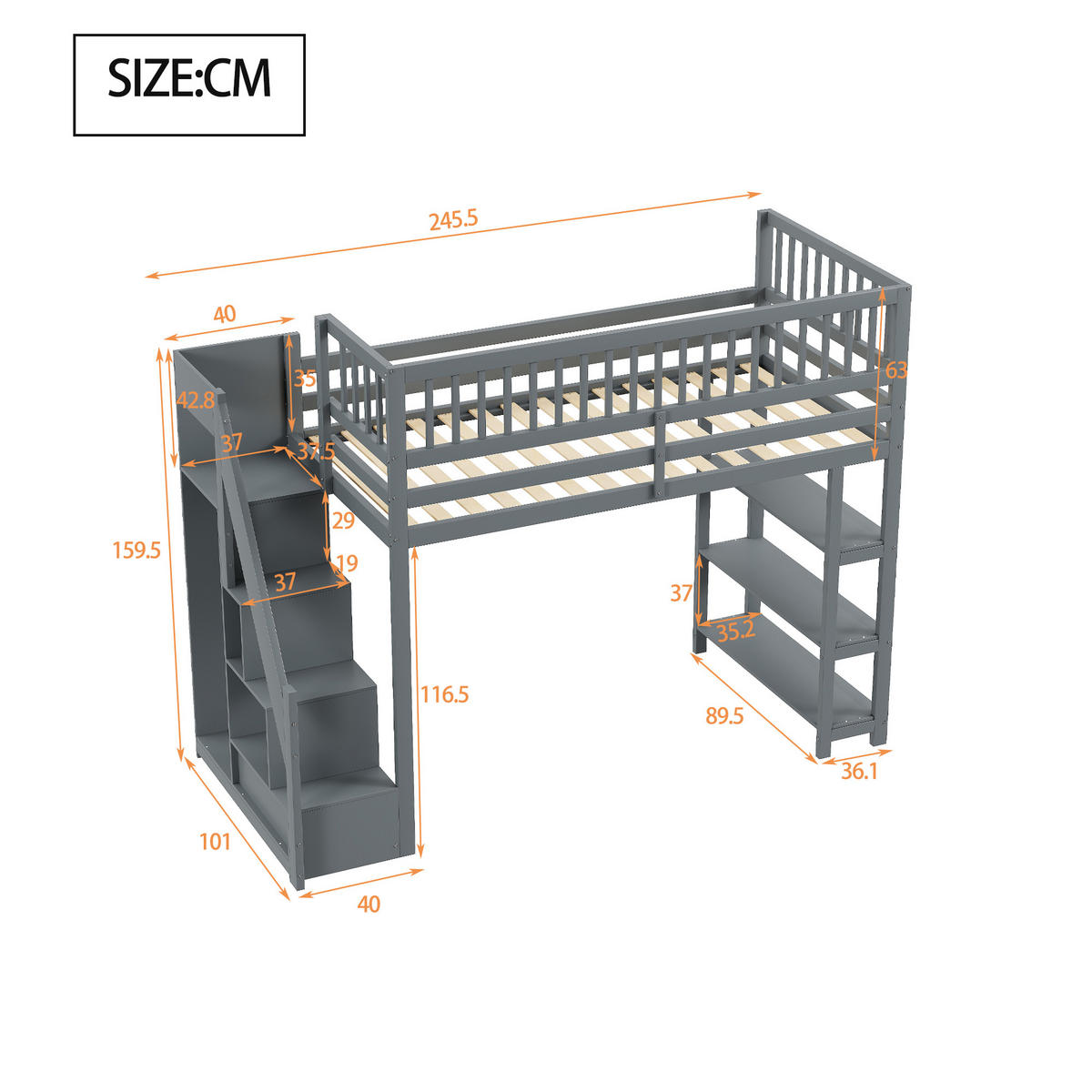HOCHBETT 90/200 cm DE-01257, in Grau, mit Kleiderschrank, Regalen und Stauraumleiter - Grau, Holz (90/200cm) - ComfortXL