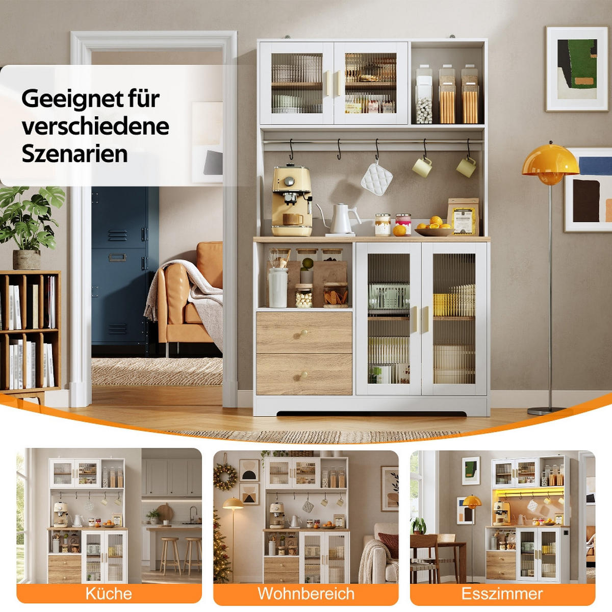 KÜCHENSCHRANK Hochschrank mit LED und Steckdose, Vitrine mit Glastüren, Weiß-Holzoptik, 110/40/178 cm - Naturfarben, Kunststoff (40/178/110cm) - Rolipo