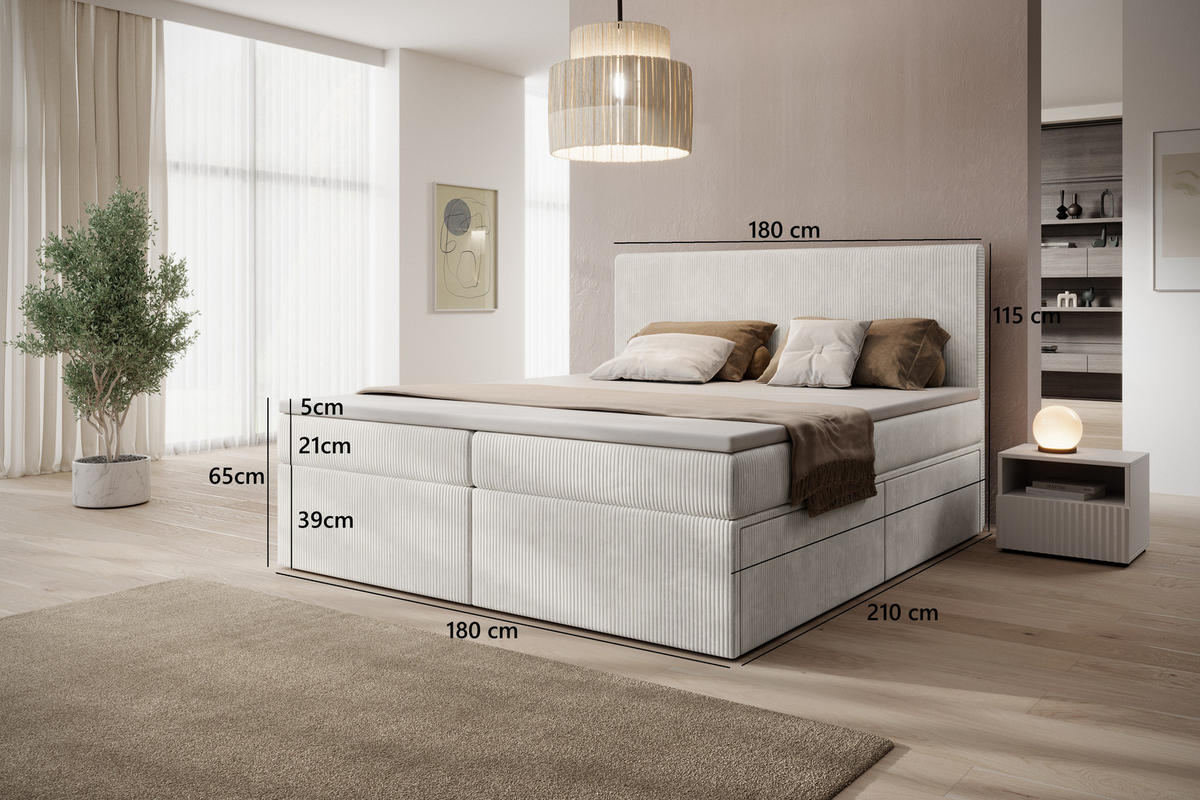 BOXSPRINGBETT Siena mit Schubladen und Topper, POSO-Cordstoff, 180x200 cm, Beige - Beige, Holz - PROMETO Möbel