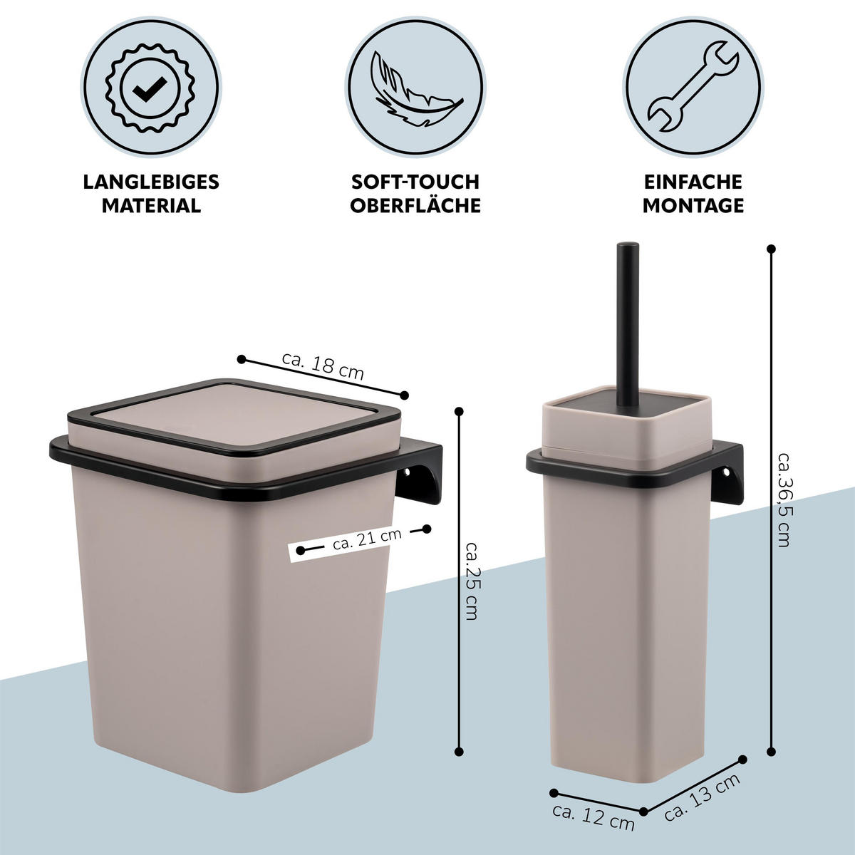 WC-GARNITUR 2-TLG. Bürste u. Eimer SAVONA Softtouch inkl. Wandhalterung, eckig - taupe - Taupe, Kunststoff (18/25/21cm) - bremermann