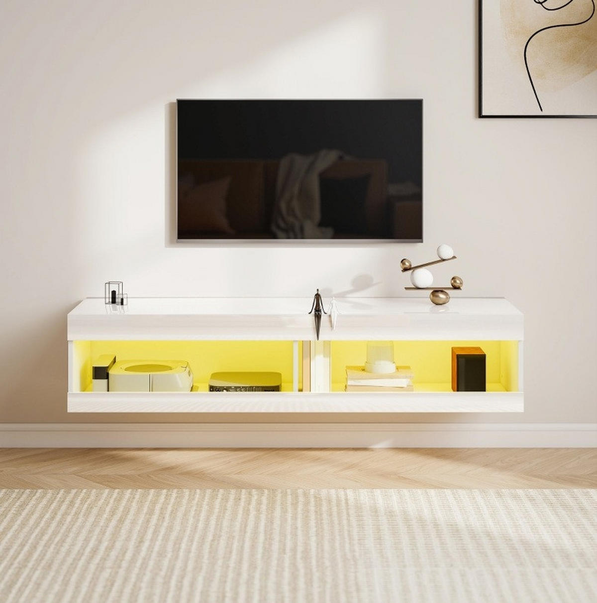 LOWBOARD 140/40/30 cm aus Holzwerkstoff mit RGB-LED-Beleuchtung Hochglanz Weiß - Weiß, Holzwerkstoff (140/30/40cm) - Modenvie