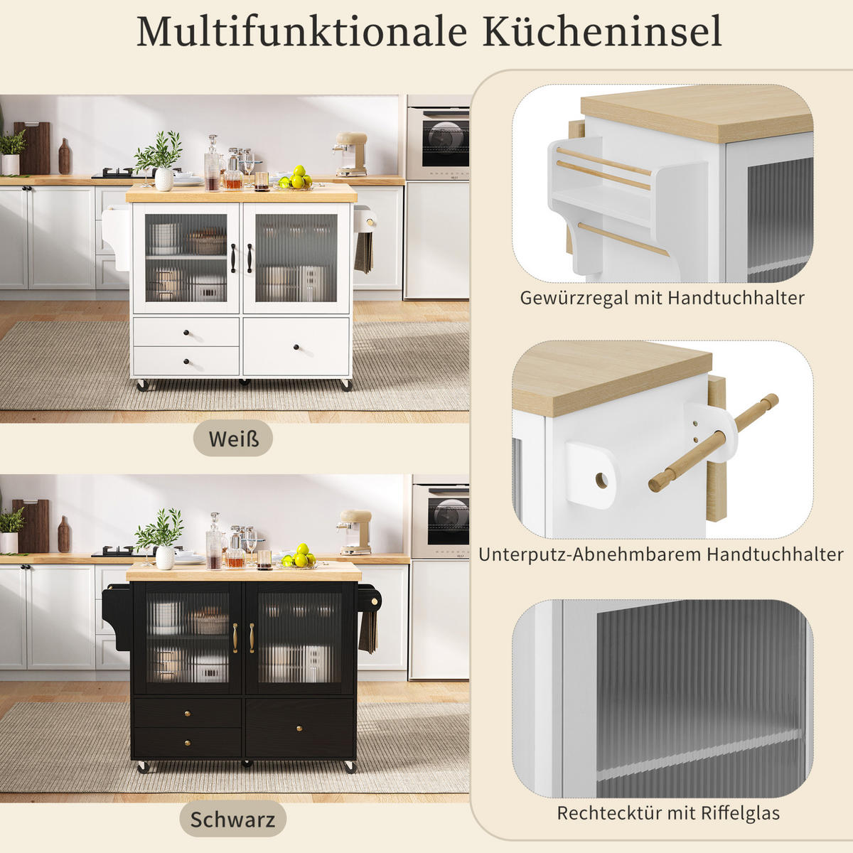 KÜCHENINSEL 100/42-70/91,5 cm aus MDF mit Rollen und klappbarer Arbeitsplatte Weiß/Natur - Weiß, Holzwerkstoff (100/91.5/70cm) - Modenvie
