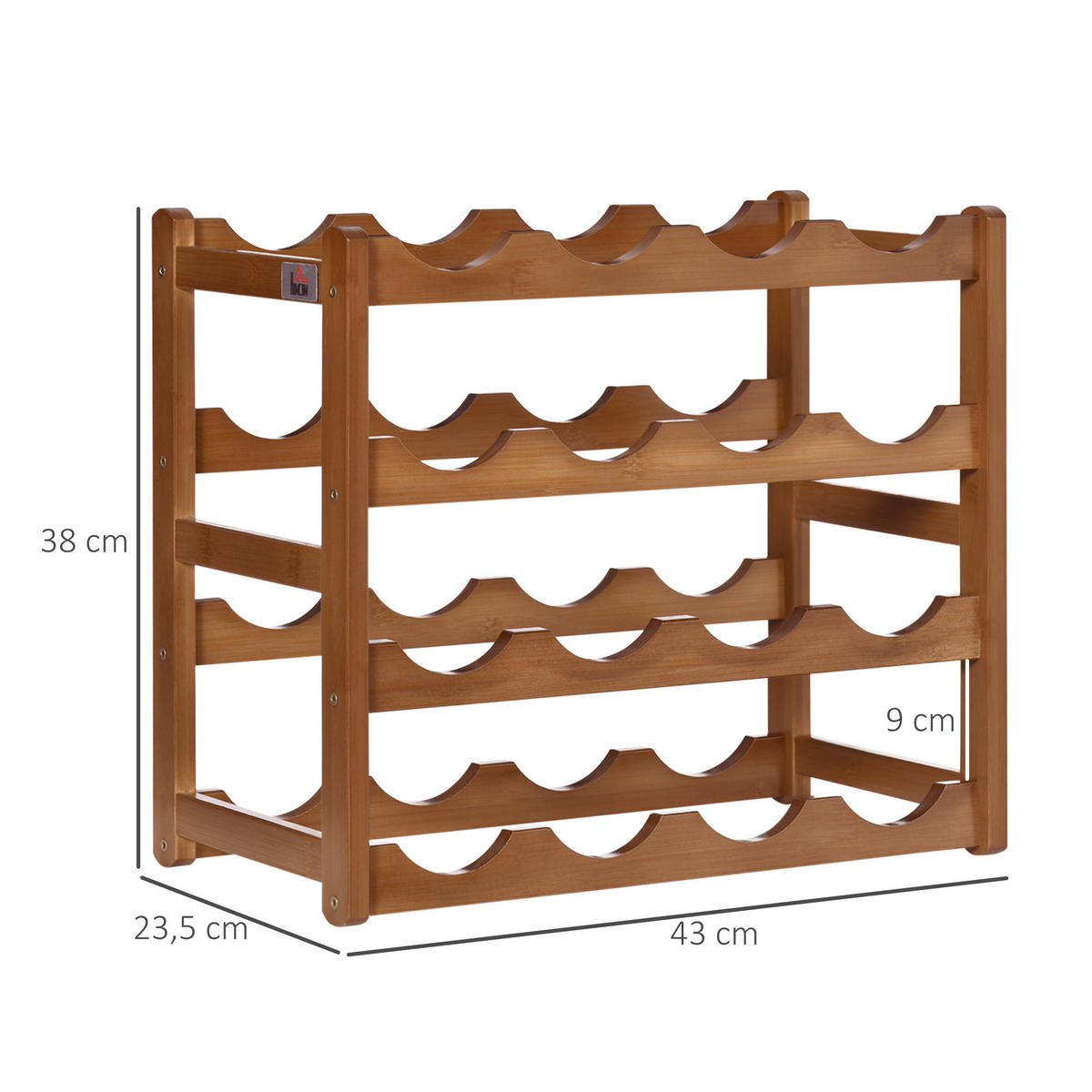 WEINREGAL, 4-stöckig, Bambusholz, 16 Flaschen, 75kg, braun, 43x23,5x38cm - Multicolor, Metall (43/38/23.5cm) - FORIOUS