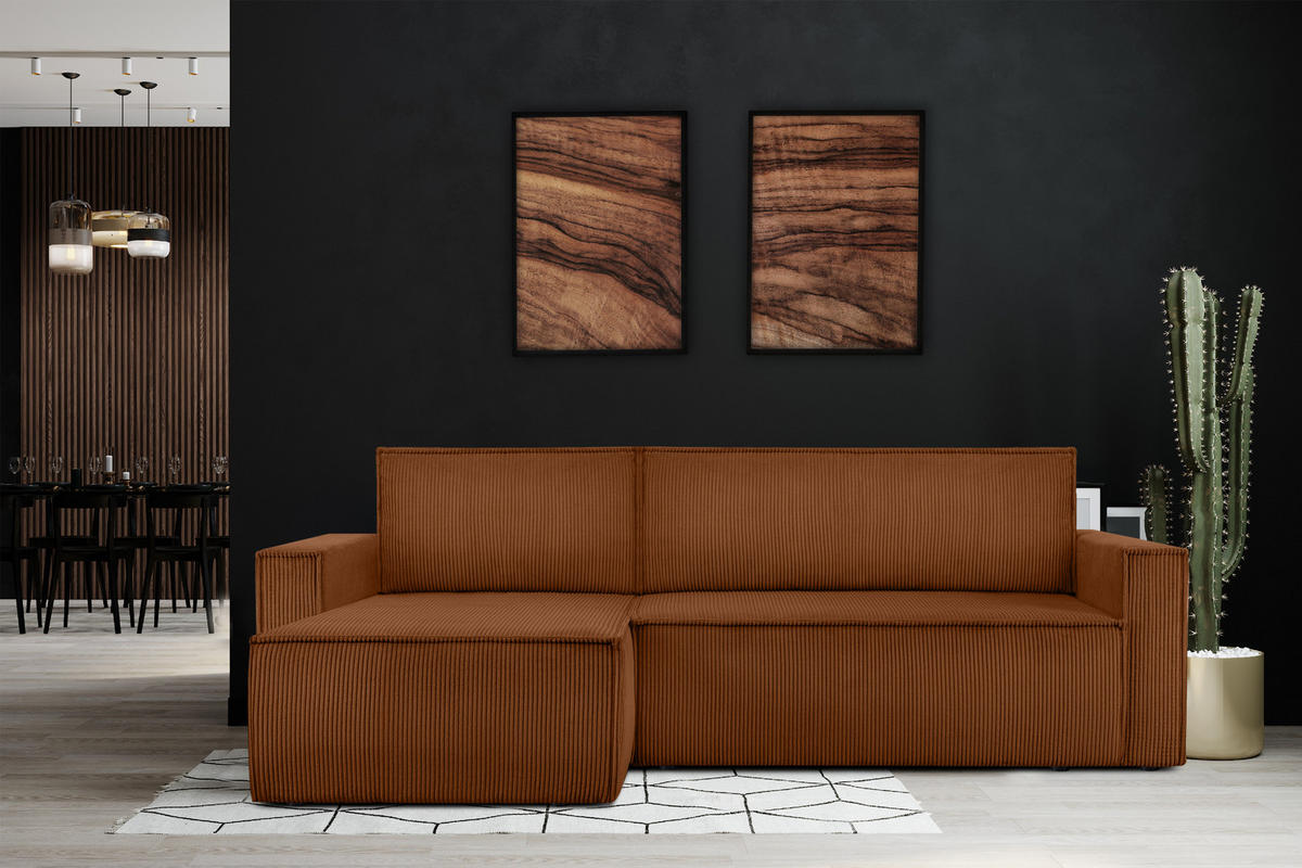 ECKSOFA-LINKS/RECHTS NAPI Schlaffunktion mit Cordbezug, rot - Schwarz/Orange, Textil (246/148cm) - KONSIMO®