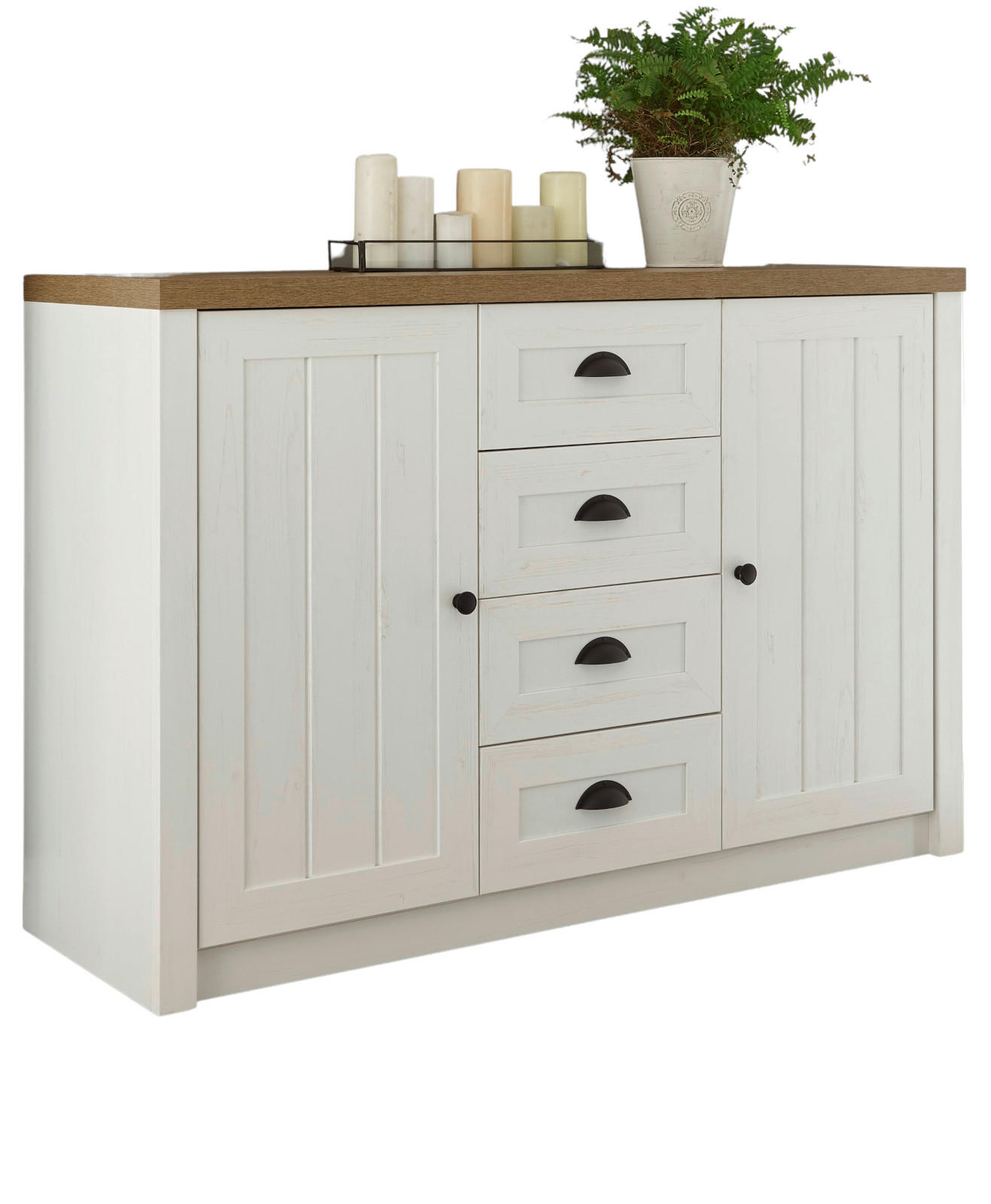 SIDEBOARD weiß Pinie, Eiche hell Landhaus, Kommode 130 x 88 cm - Eichefarben/Schwarz, Holzwerkstoff/Metall (130/86/43cm) - Furn.Design