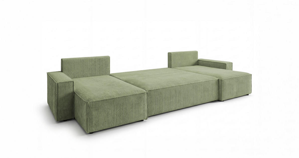 WOHNLANDSCHAFT CALIFORNIA MINI U-Form hellgrün Cord Poso 47 - Schlaffunktion, Bettkasten - Hellgrün, Textil (312/85/142cm) - Cornero
