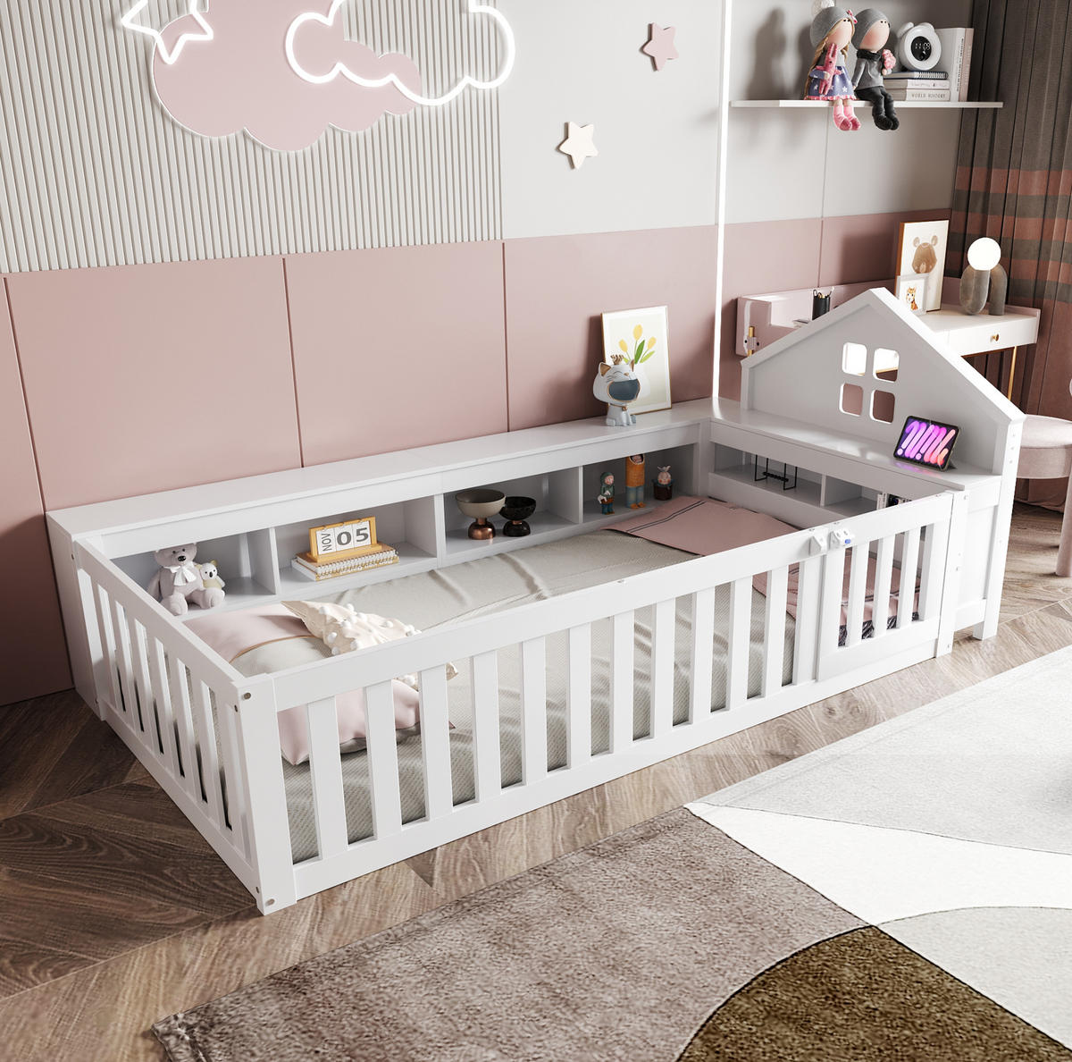 KINDERBETT 90/200 cm in Hausform mit Stauraum und Sicherheitsgitter, Weiß - Weiß, Holz (90/200cm) - BEAOK
