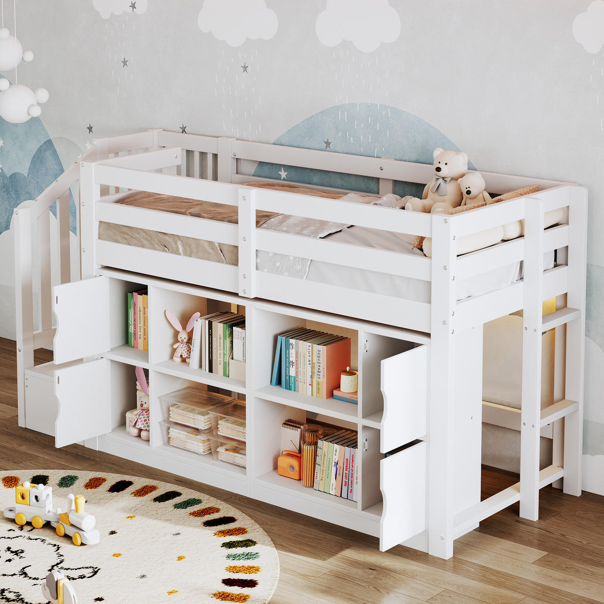HOCHBETT aus Kiefernholz und MDF 90x200 cm Weiß mit Stauraumtreppe, Schränken und LED-Beleuchtung - Weiß, Holzwerkstoff (90/200cm) - Modfu
