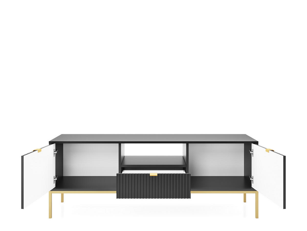 TV-SCHRANK NOVA Geriffelt Regal, 2 Türen, Schublade, Goldene Beine, 154x39x56cm, Schwarz - Goldfarben/Schwarz, Holzwerkstoff/Kunststoff (154/56/39cm) - DomoHome