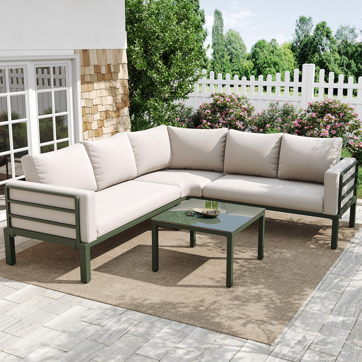 GARTENSET 4-5 Sitzer Beige Mit Verstellbaren Füßen & Glastisch - Beige, Metall - FLIEKS