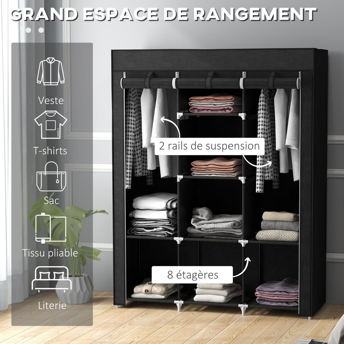 STOFFSCHRANK DE-17173 8 Böden & 2 Kleiderstangen Schwarz - Schwarz, Metall (43/162.5/125cm) - ComfortXL