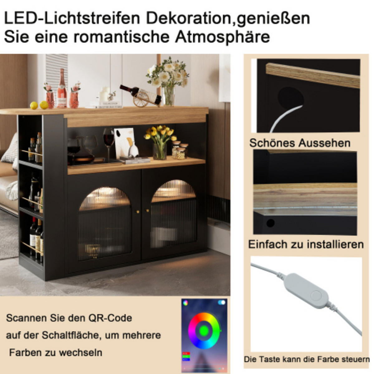 BARTISCH mit LED Beleuchtung, drehbarem Bar-Schrank mit dreistufigem Stauraum, Glasfront und ausziehbarer Stehtischfunktion, schwarz - Schwarz, Holzwerkstoff (193/39/105cm) - Luhomfu