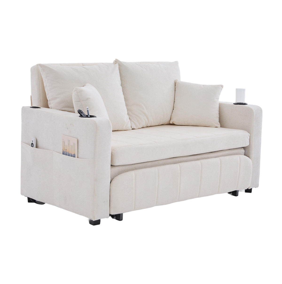 SCHLAFSOFA aus Chenille 139x83x58 cm Beige ausziehbar mit Aufbewahrungstasche und 4 Kissen - Beige, Textil (73/83/139cm) - Modfu