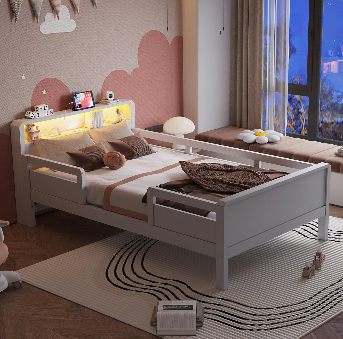 KINDERBETT 90/200 cm weiß aus Kiefernholz mit Ablage, LED und USB-/Type-C-Anschluss - Weiß, Holzwerkstoff (90/200cm) - OKWISH